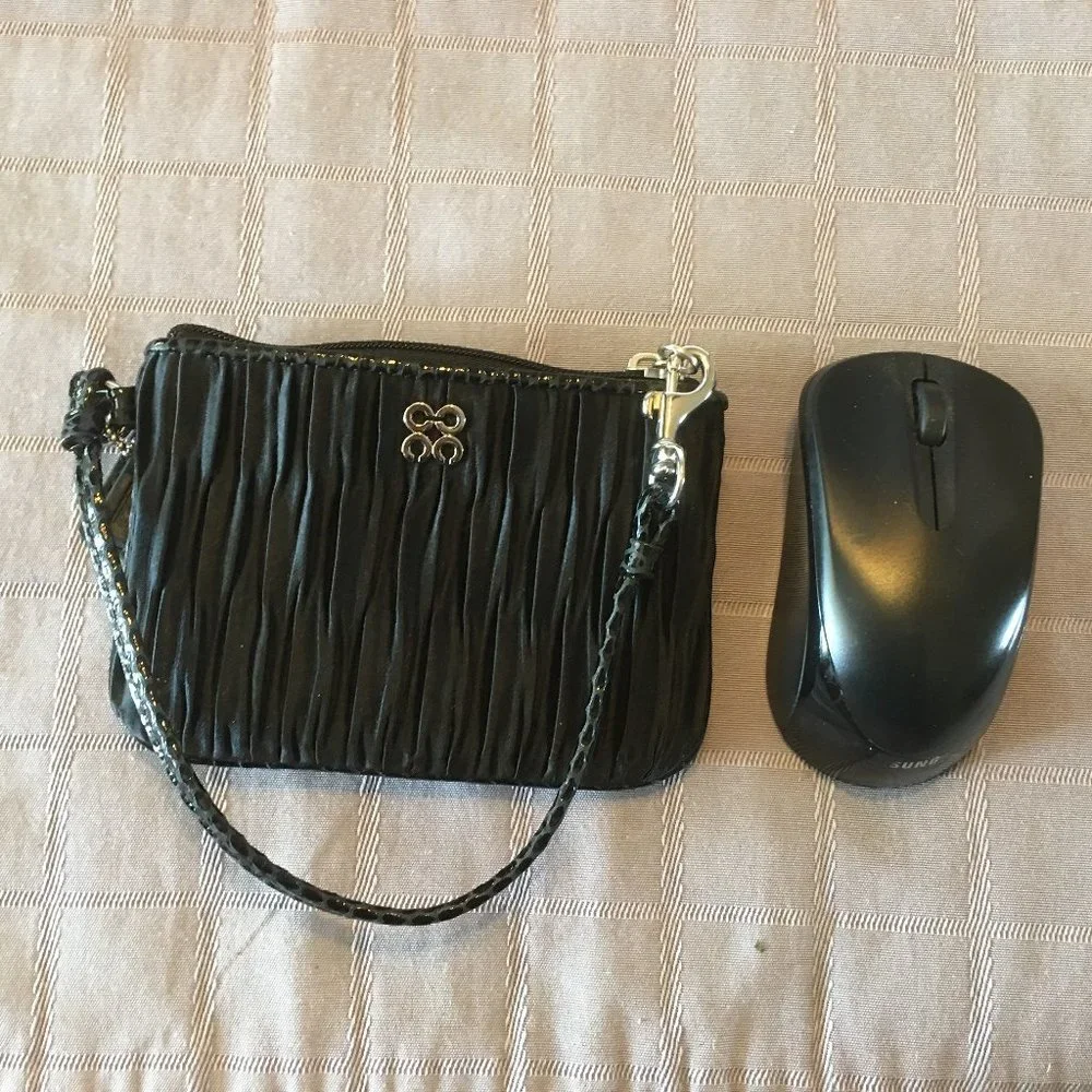 Coach Vintage Black Ruched Sateen Zip Wristlet with Patent Leather Trim